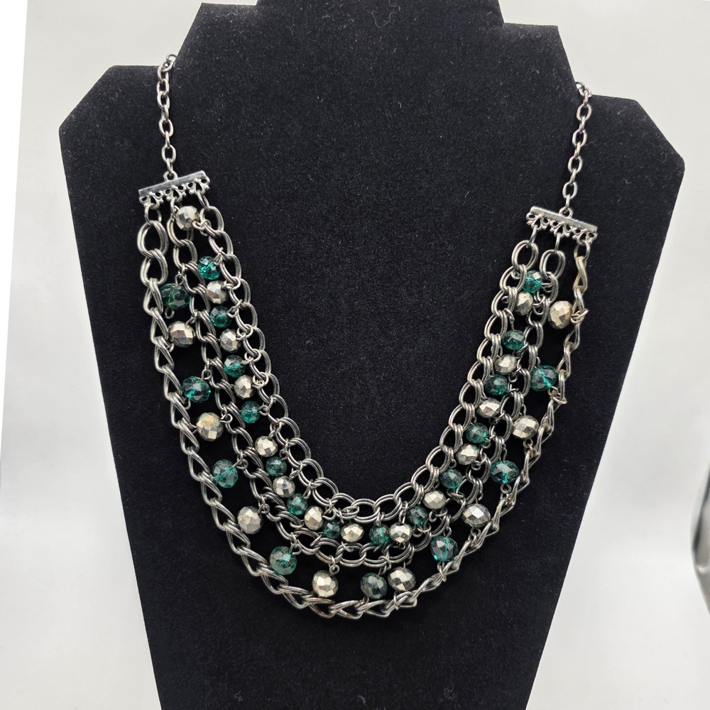 Gunmetal Multi Strand Bib Necklace Emerald Green Silver Faceted Bead Statement